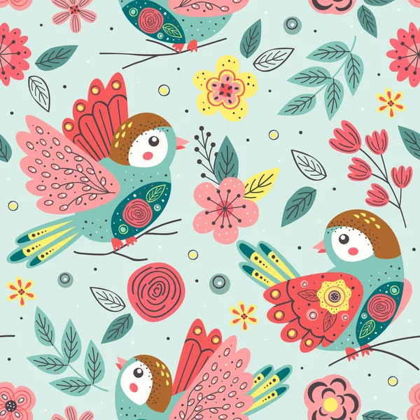 Безшовний Візерунок Красивою Весняною Пташкою Гілці Векторні Ілюстрації Eps — стоковий вектор