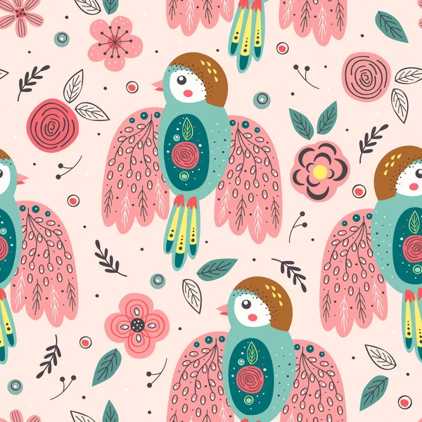 Motif Sans Couture Avec Bel Oiseau Printemps Sur Fond Rose — Image vectorielle