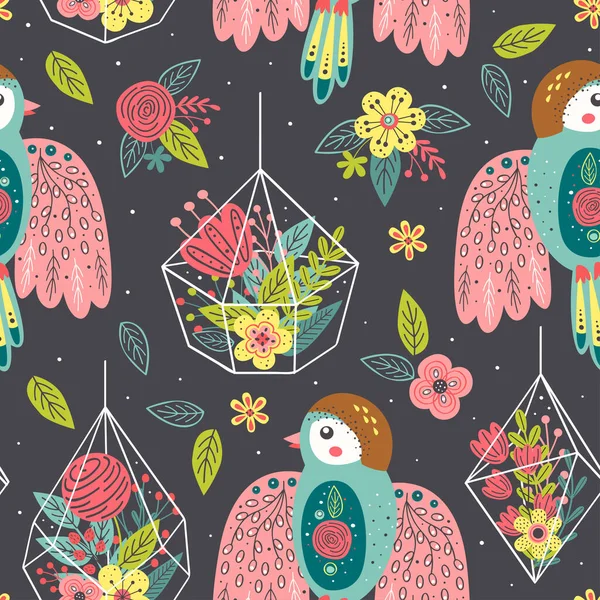 Motif Sans Couture Avec Des Oiseaux Des Bouquets Floraux Terrariums — Image vectorielle