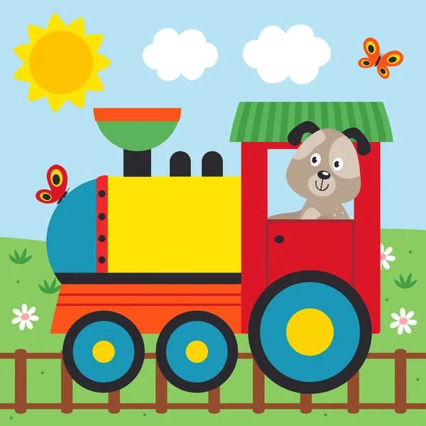 Perro Viajes Tren Sobre Raíles Ilustración Vectorial Eps — Vector de stock