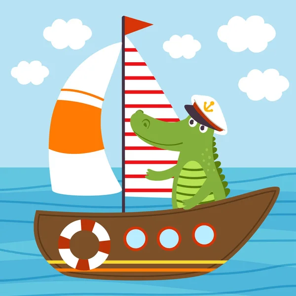 Cocodrilo Barco Navegando Por Mar Ilustración Vectorial Eps — Vector de stock