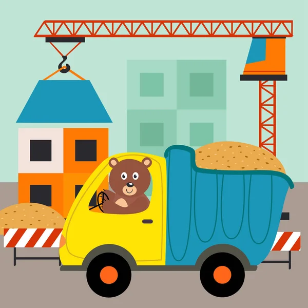 Спускна Вантажівка Водієм Ведмедя Будівництві Будинків Векторні Ілюстрації Eps — стоковий вектор