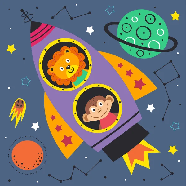 Space Lion Monkey Rocket Vector Illustration Eps Stok Vektor Bebas Royalti