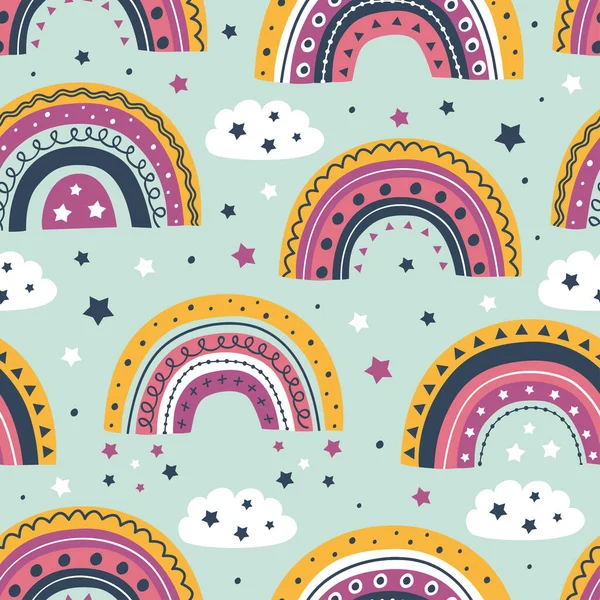 seamless pattern with rainbows and clouds on blue background  - vector illustration, eps    