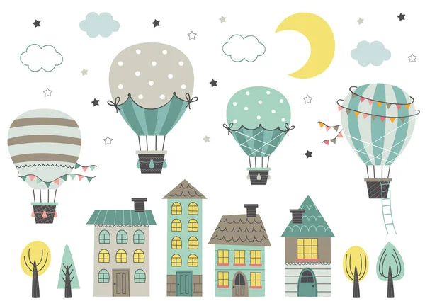 Horkovzdušné Balóny Létat Nad Domy Noci Bílém Pozadí Vektorové Ilustrace — Stockový vektor