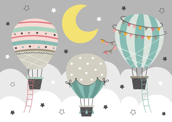 Três Hot Air Balloon Voar Céu Noturno Ilustração Vetorial Eps — Vetor de Stock