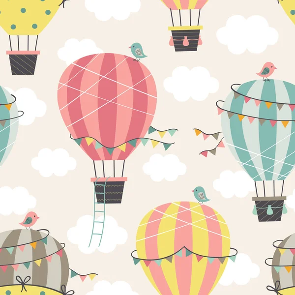 Sıcak Hava Balonu Havada Uçarken Kusursuz Desen Vektör Illüstrasyon Eps — Stok Vektör