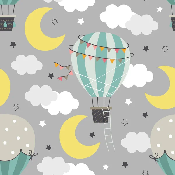 Padrão Sem Costura Com Balão Quente Voando Céu Noturno Ilustração — Vetor de Stock