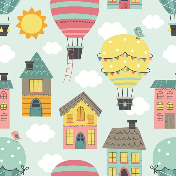 seamless pattern with Hot Air Balloon flying over colorful houses  - vector illustration, eps    