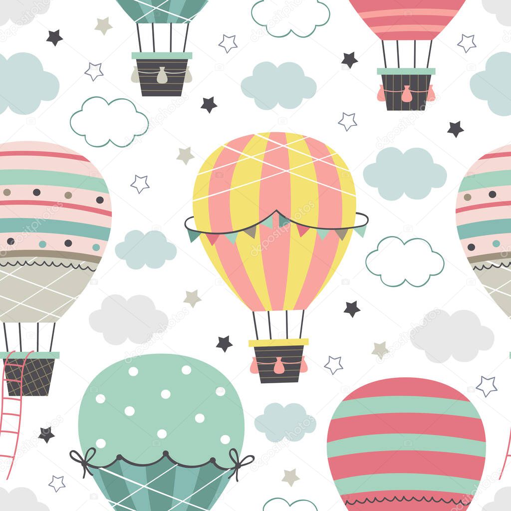 seamless pattern with Hot Air Balloon flying in the sky on a white background  - vector illustration, eps    