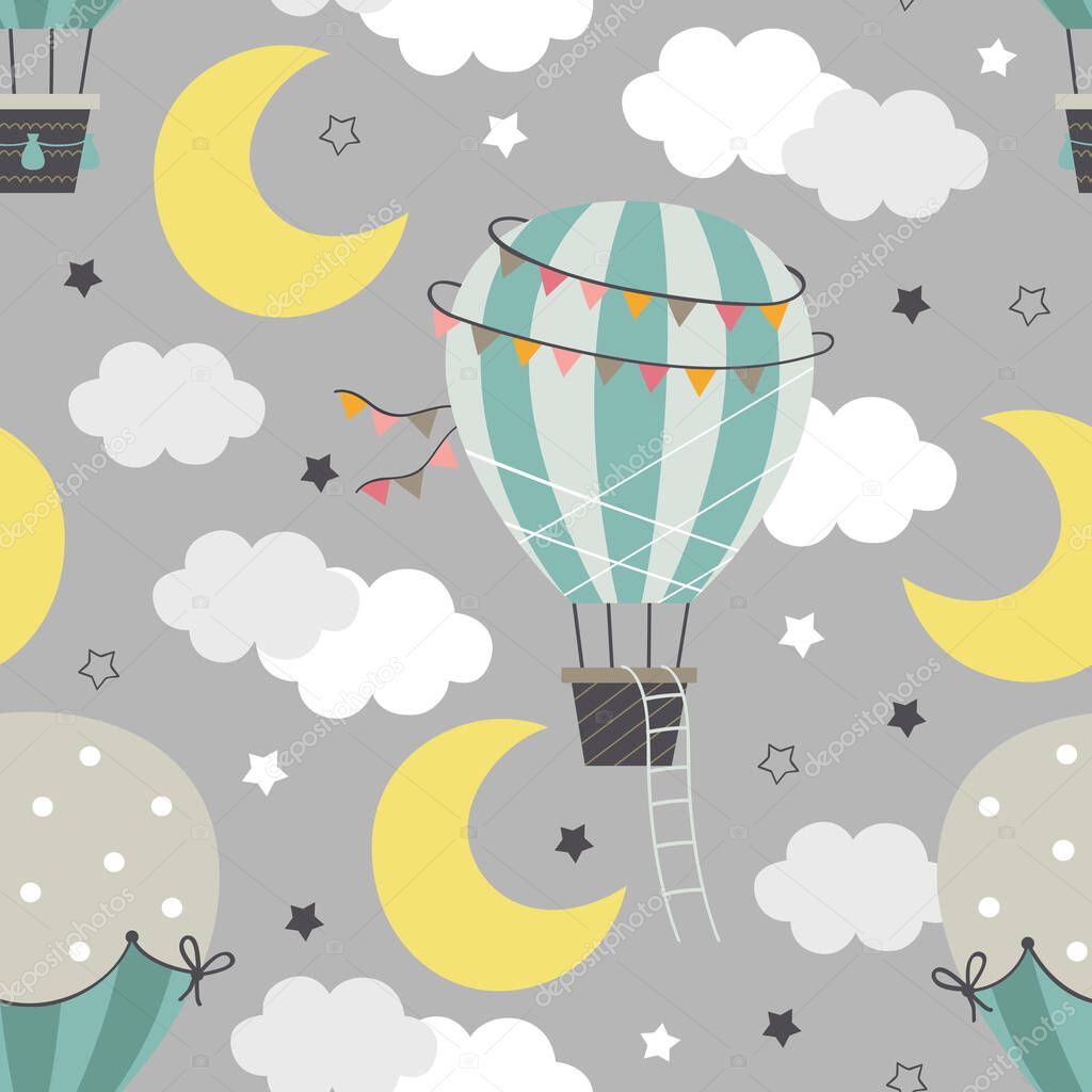 seamless pattern with Hot Air Balloon flying in the night sky  - vector illustration, eps    