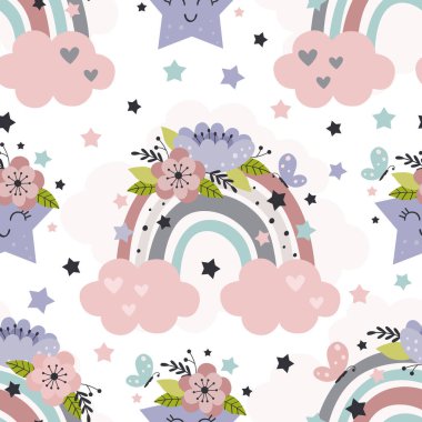 Güzel gökkuşağı, yıldız ve çiçeklerle kusursuz desen - vektör çizimi, eps