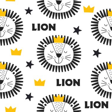 İskandinav tarzında kral aslanla kusursuz desen - vektör çizimi, eps