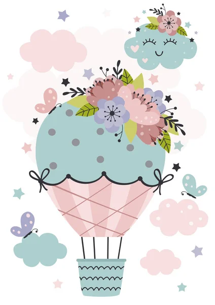 Poster Mit Heißluftballon Und Blumen Vektorillustration Eps — Stockvektor