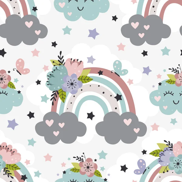 Motif Sans Couture Avec Magnifique Arc Ciel Nuage Fleurs Illustration — Image vectorielle