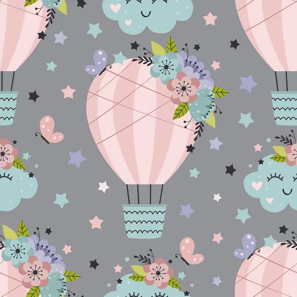 seamless pattern with Hot air balloon, cloud and flowers -  vector illustration, eps
