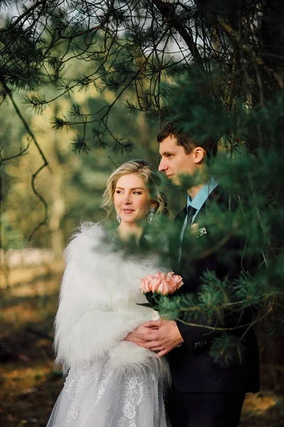 자연 그대로의 푸른 숲에서 결혼식을 하고 있는 신혼 부부들과 신랑 신부가 사진에 키스를 하고 있다. — 스톡 사진