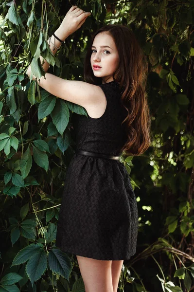 Beautiful young girl in black dress with long hair, super cute a — Stock Photo, Image