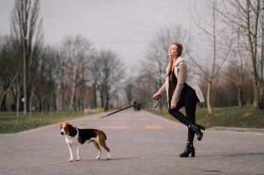 Oynamak ve eğlenmek açık parkta evde beslenen hayvan Estonya tazı köpeği ile genç hippi kız.