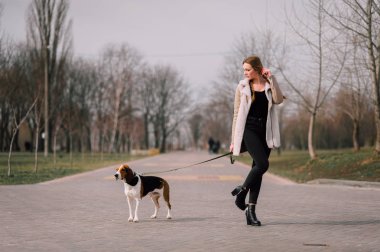 Oynamak ve eğlenmek açık parkta evde beslenen hayvan Estonya tazı köpeği ile genç hippi kız.