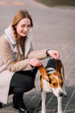 Oynamak ve eğlenmek açık parkta evde beslenen hayvan Estonya tazı köpeği ile genç hippi kız.