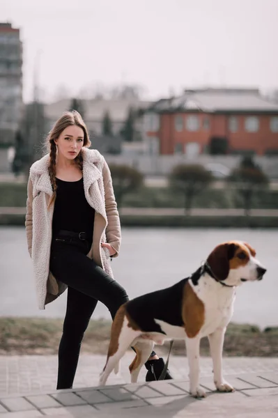 Unga hipster flicka med hennes husdjur estniska hund hund spela och ha roligt utomhus i parken. — Stockfoto