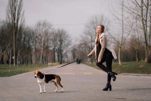 Junges Hipster-Mädchen mit ihrem estnischen Hund, der draußen im Park spielt und Spaß hat. — Stockfoto