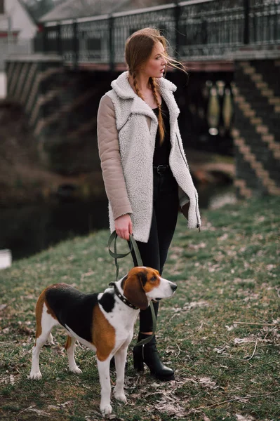Giovane ragazza hipster con il suo cane cane mastino estone giocare e divertirsi all'aperto nel parco . — Foto Stock
