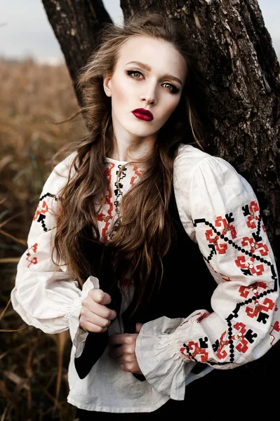 Young girl on the summer field  in national Belarus clothes, fas — Stock Photo, Image