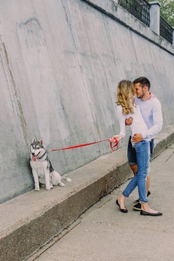 Güzel genç çift bir parkta husky köpeğiyle oynuyor. Summe