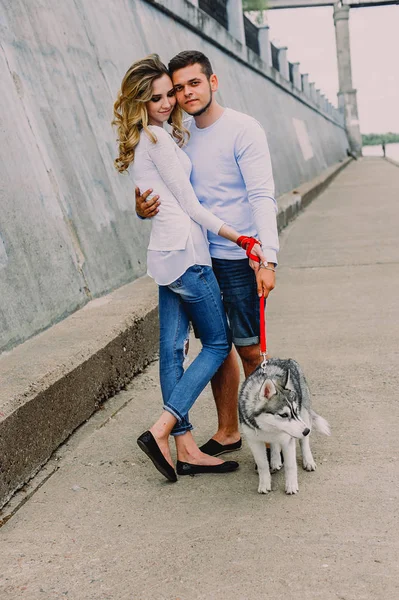 美しい若いカップルが公園でハスキー犬と遊ぶ。夏 — ストック写真