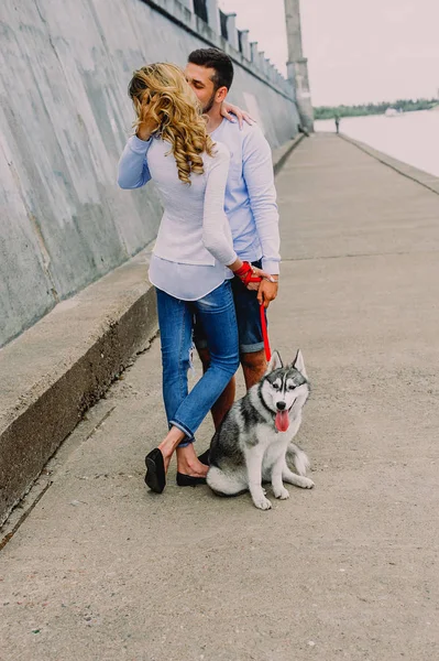 Vackra unga par leker med en hund som husky i en park. Sommaren utomhus. — Stockfoto