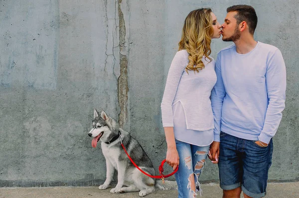 Vackra unga par leker med en hund som husky i en park. Shopaholic — Stockfoto