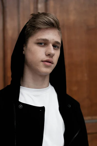 Young elegant trendy boy outdoors, wearing black and white clothing — Stock Photo, Image