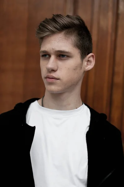 Young elegant trendy boy outdoors, wearing black and white clothing — Stock Photo, Image