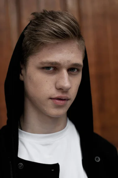 Young elegant trendy boy outdoors, wearing black and white clothing — Stock Photo, Image