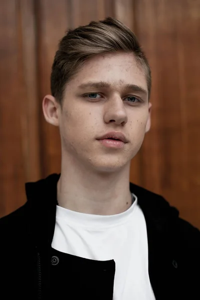 Young elegant trendy boy outdoors, wearing black and white clothing — Stock Photo, Image