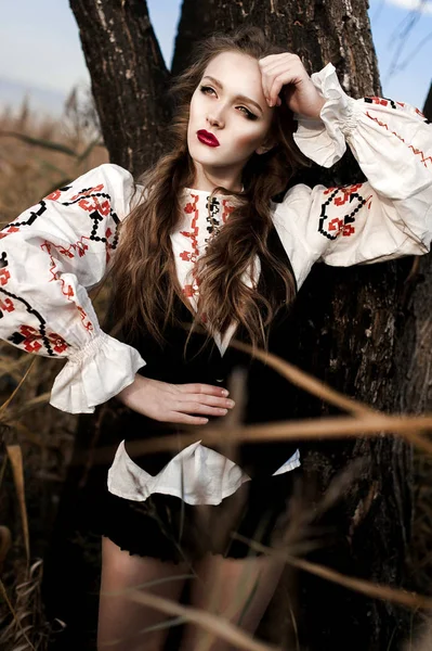 Young girl on the summer field  in national Belarus clothes — Stock Photo, Image