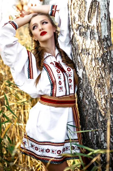 Jeune fille sur le champ d'été dans les vêtements nationaux Biélorussie — Photo