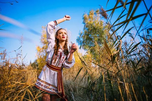 Jong meisje op het veld van de zomer in nationale kleding van Wit-Rusland — Stockfoto