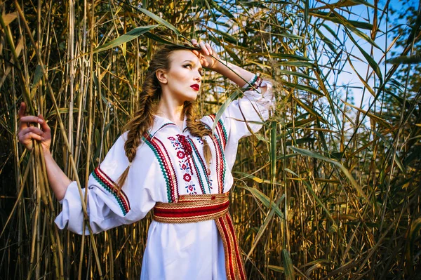 Jong meisje op het veld van de zomer in nationale kleding van Wit-Rusland — Stockfoto