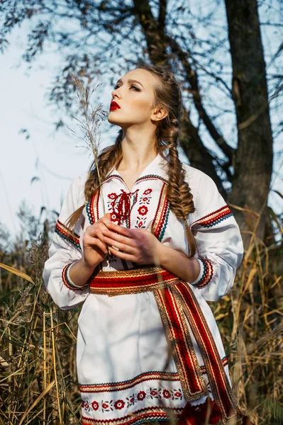 Jeune fille sur le champ d'été dans les vêtements nationaux Biélorussie — Photo