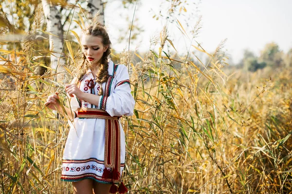 Chica joven en el campo de verano en ropa nacional Bielorrusia — Foto de Stock