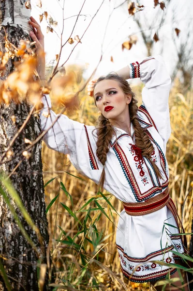 Молодая девушка на летнем поле в национальной белорусской одежде — стоковое фото