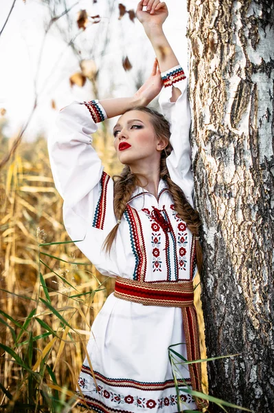 Tânăra fată pe câmpul de vară în haine naționale Belarus — Fotografie, imagine de stoc