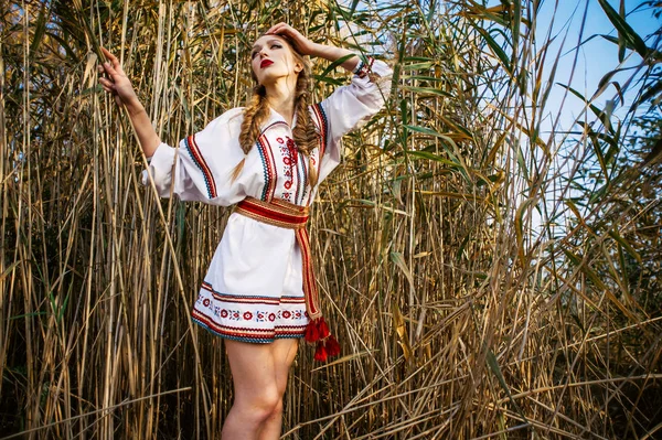 Jong meisje op het veld van de zomer in nationale kleding van Wit-Rusland — Stockfoto