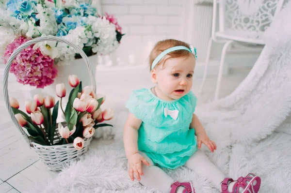 Adorable little baby girl laughing, smiling, creeping & playing in the studio wearing mint dress — Stock Photo, Image