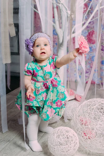 Adorável menina rindo, sorrindo, rastejando e brincando no estúdio vestindo vestido de hortelã — Fotografia de Stock