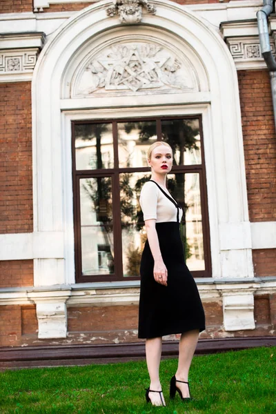 Happy Fashion loira europeia elegante Mulher com lábios vermelhos e pele branca Em pé no edifício Old Red Brick na grama verde. Glamour Girl ao ar livre. Mulher bonita em vestido formal preto e branco . — Fotografia de Stock