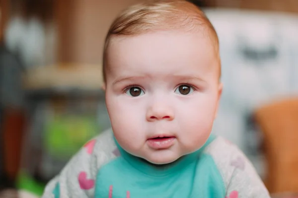 Little cute baby toddler on carpet close up smiling adorable happy emotional playing at home — Stock Photo, Image